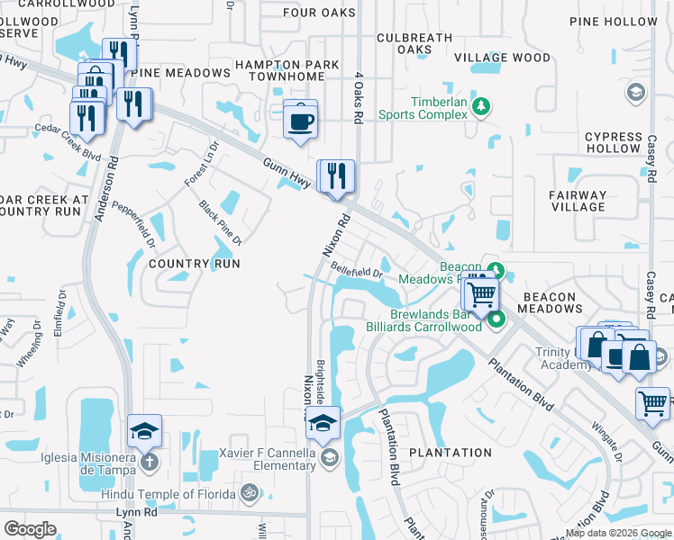 map of restaurants, bars, coffee shops, grocery stores, and more near 5404 Meadstone Court in Tampa