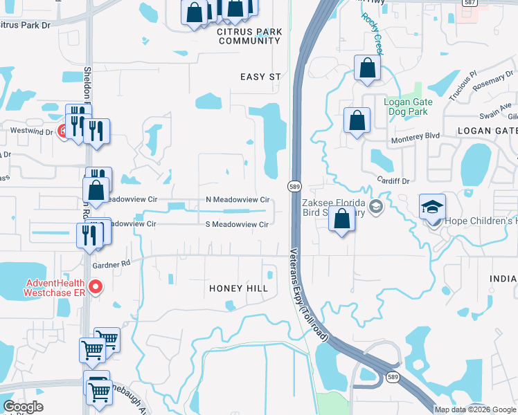 map of restaurants, bars, coffee shops, grocery stores, and more near 8011 North Meadowview Circle in Tampa