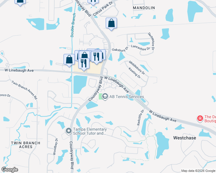 map of restaurants, bars, coffee shops, grocery stores, and more near 10506 Marlington Place in Tampa