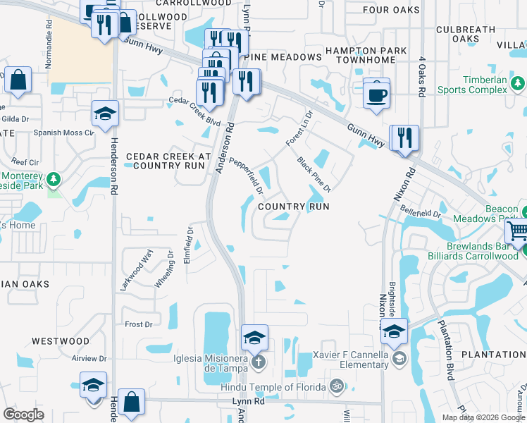 map of restaurants, bars, coffee shops, grocery stores, and more near 12336 Cloverstone Drive in Tampa