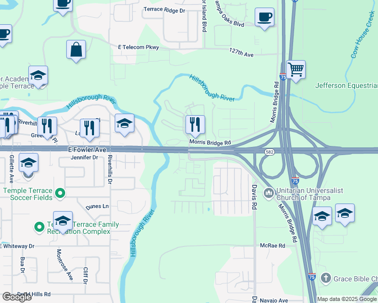 map of restaurants, bars, coffee shops, grocery stores, and more near E Fowler Ave & Morris Bridge Rd in Temple Terrace