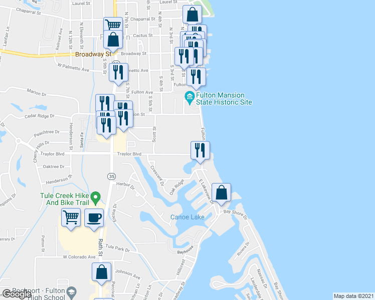 map of restaurants, bars, coffee shops, grocery stores, and more near 427 Fulton Beach Road in Rockport
