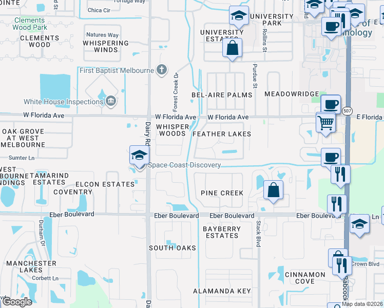 map of restaurants, bars, coffee shops, grocery stores, and more near 3526 Egret Drive in Melbourne