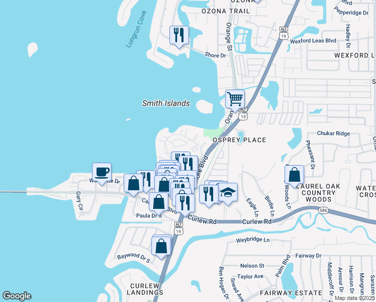 map of restaurants, bars, coffee shops, grocery stores, and more near 617 Bella Loop in Dunedin