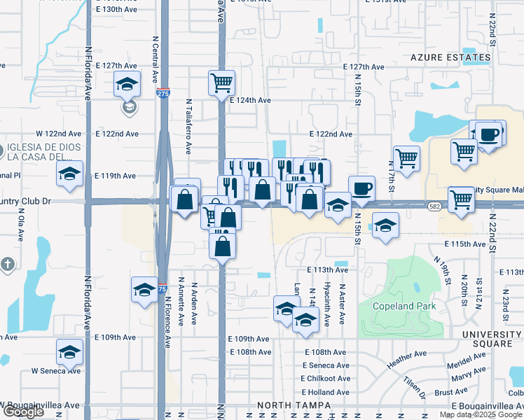 map of restaurants, bars, coffee shops, grocery stores, and more near 1031 Florida 582 in Tampa