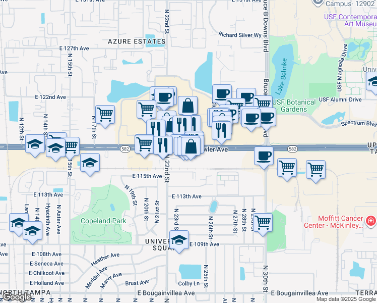 map of restaurants, bars, coffee shops, grocery stores, and more near 2351 East Fowler Avenue in Tampa