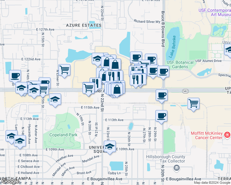 map of restaurants, bars, coffee shops, grocery stores, and more near 2214 East Fowler Avenue in Tampa