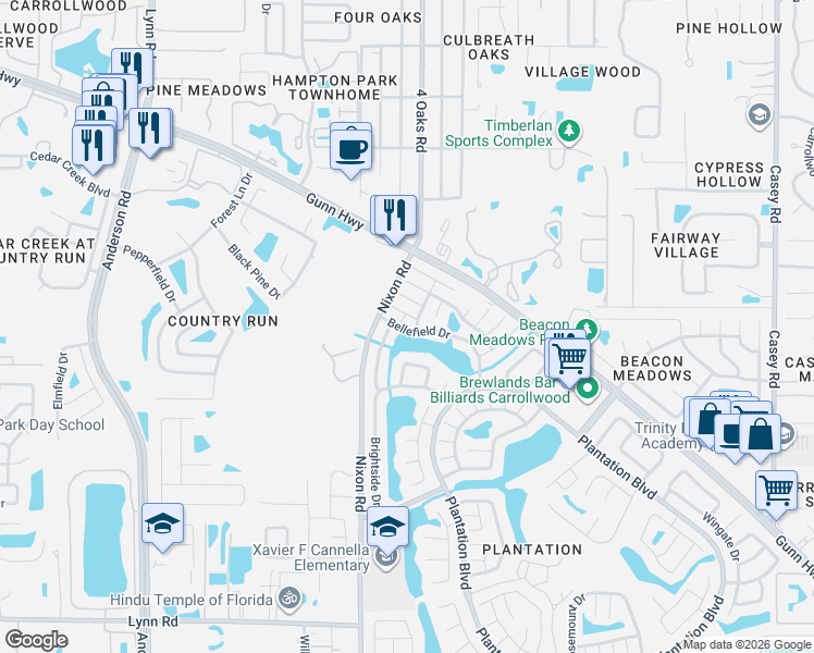 map of restaurants, bars, coffee shops, grocery stores, and more near 5404 Meadstone Court in Tampa