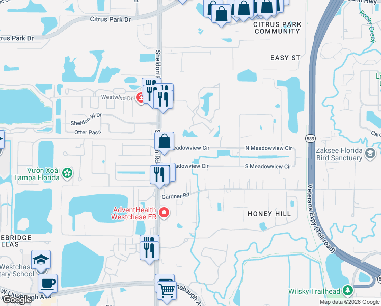 map of restaurants, bars, coffee shops, grocery stores, and more near 8723 North Meadowview Circle in Tampa