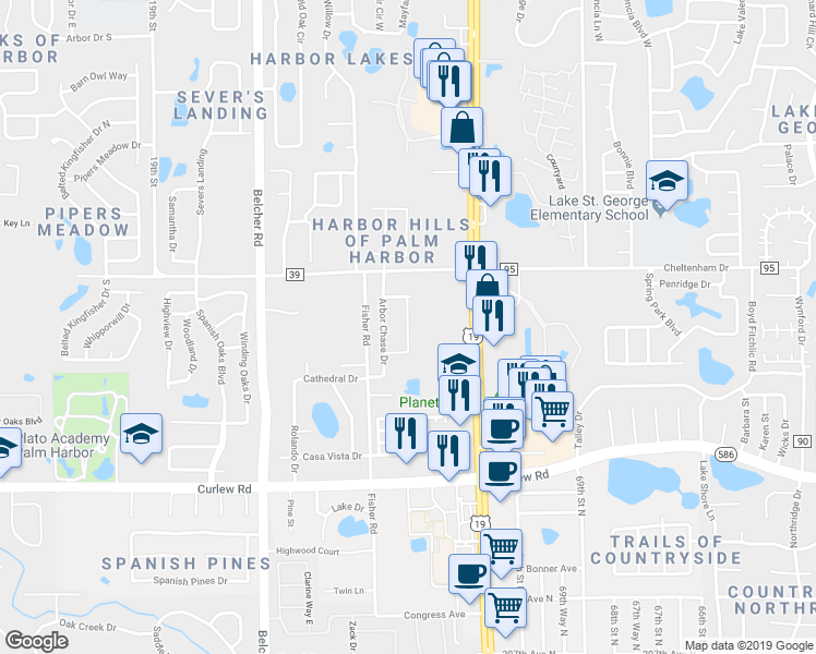 map of restaurants, bars, coffee shops, grocery stores, and more near Arboretum Place in Palm Harbor