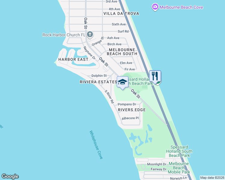 map of restaurants, bars, coffee shops, grocery stores, and more near 2128 Barracuda Avenue in Melbourne Beach