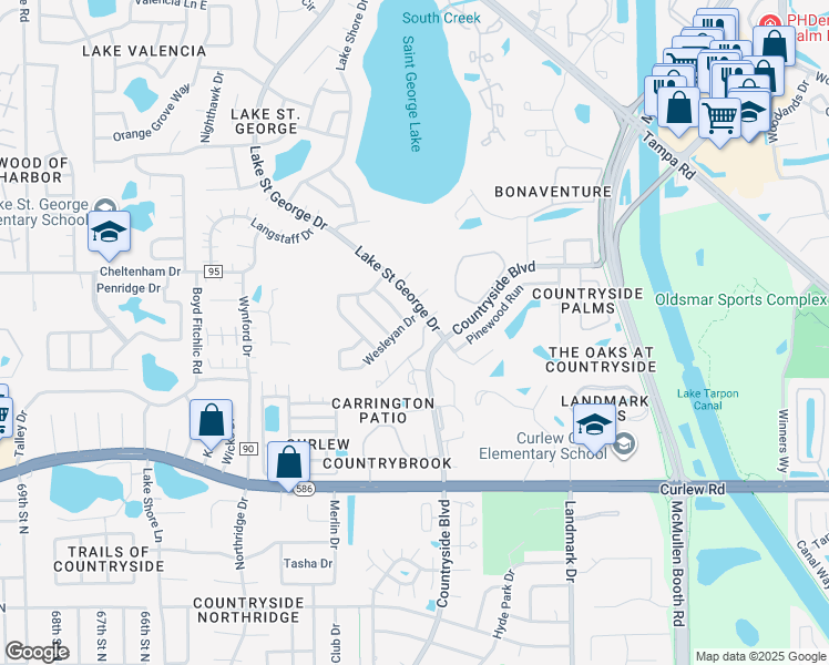 map of restaurants, bars, coffee shops, grocery stores, and more near 2872 Wesleyan Drive in Palm Harbor