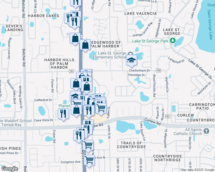 map of restaurants, bars, coffee shops, grocery stores, and more near 31177 US Highway 19 North in Palm Harbor