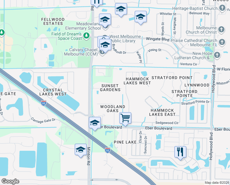 map of restaurants, bars, coffee shops, grocery stores, and more near 2815 Sunset Road in Melbourne