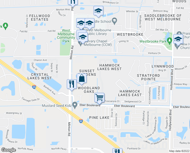 map of restaurants, bars, coffee shops, grocery stores, and more near 2815 Sunset Road in Melbourne