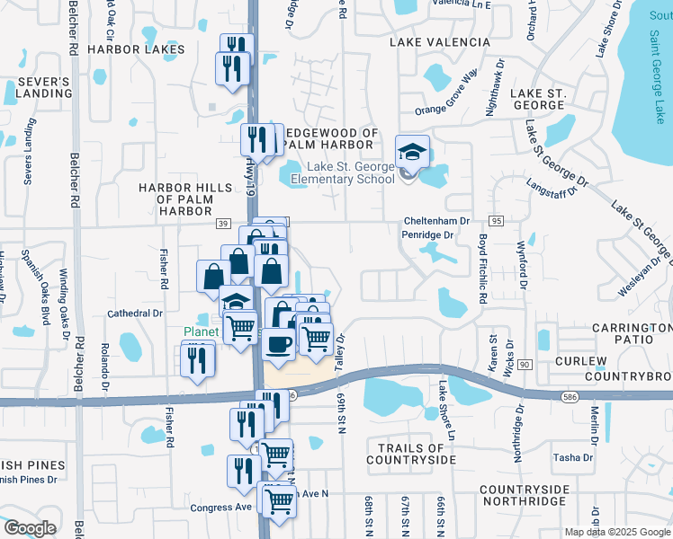 map of restaurants, bars, coffee shops, grocery stores, and more near 31177 US Highway 19 North in Palm Harbor