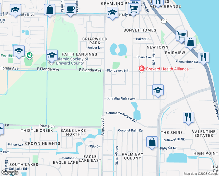 map of restaurants, bars, coffee shops, grocery stores, and more near 2186 Doctor Harvey Riley Street in Palm Bay