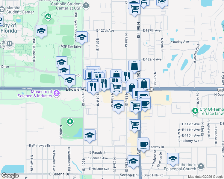 map of restaurants, bars, coffee shops, grocery stores, and more near E Fowler Ave & N 52nd St in Tampa