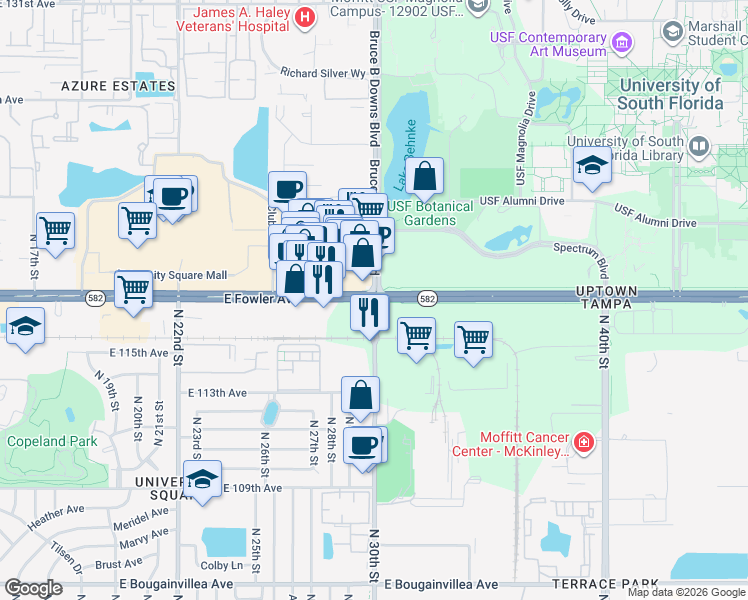 map of restaurants, bars, coffee shops, grocery stores, and more near N 30th St & E Fowler Ave in Tampa