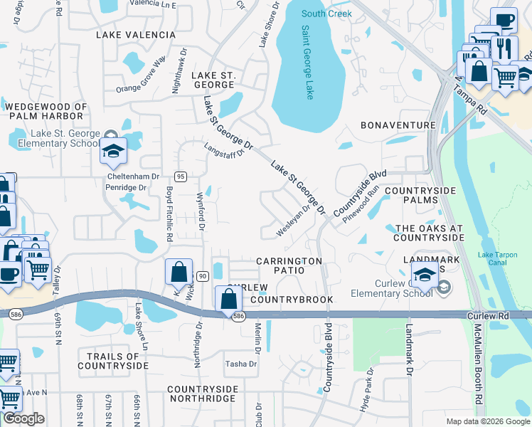 map of restaurants, bars, coffee shops, grocery stores, and more near 3646 Chatham Drive in Palm Harbor
