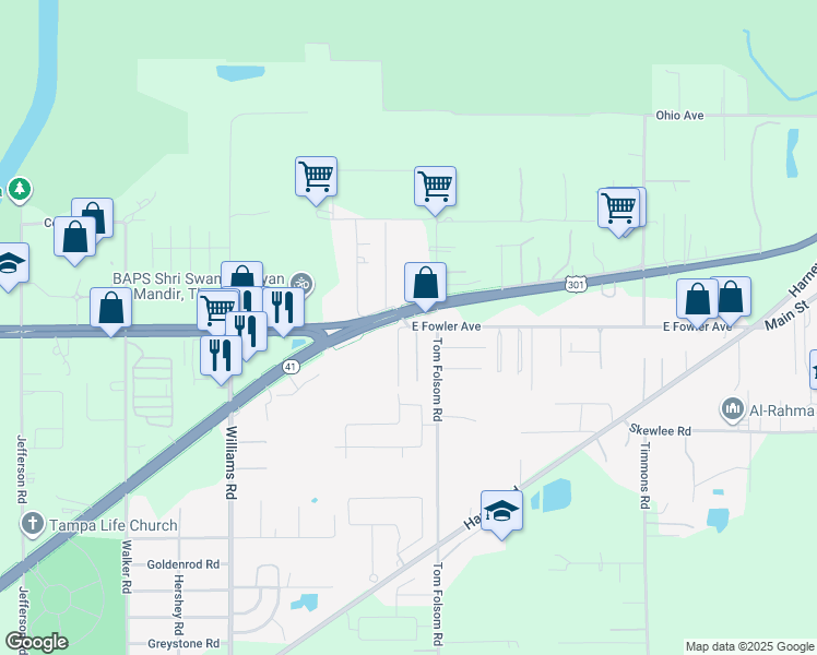 map of restaurants, bars, coffee shops, grocery stores, and more near 9333 East Fowler Avenue in Thonotosassa