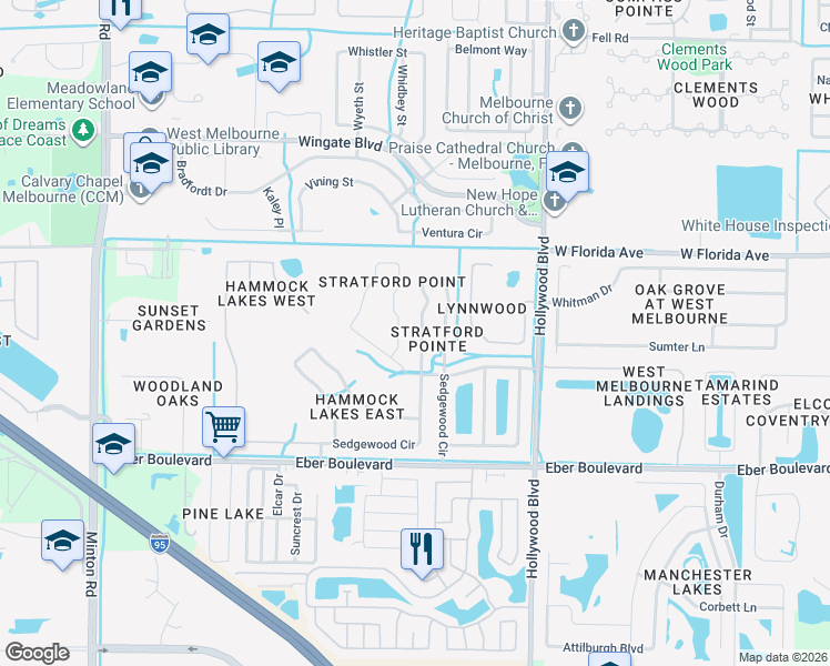 map of restaurants, bars, coffee shops, grocery stores, and more near 555 Sedgewood Circle in Melbourne