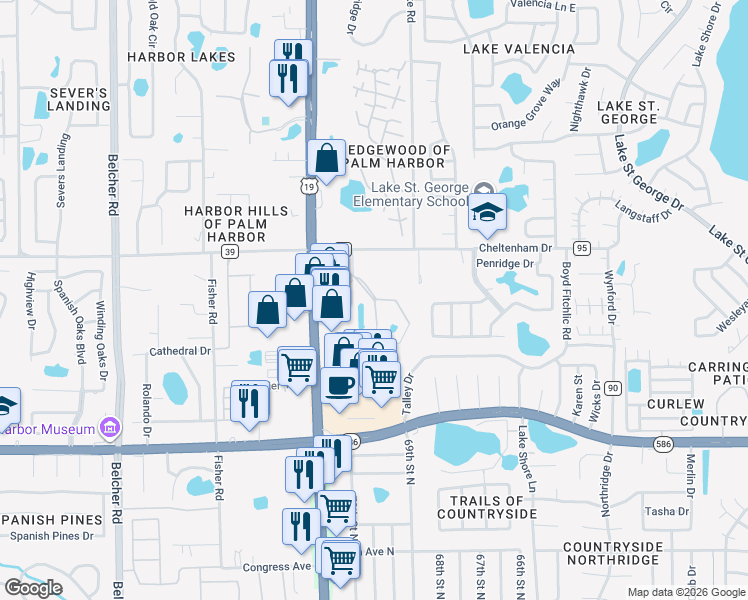 map of restaurants, bars, coffee shops, grocery stores, and more near 31177 US Highway 19 North in Palm Harbor