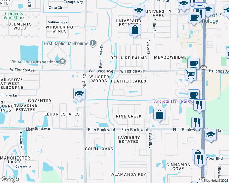 map of restaurants, bars, coffee shops, grocery stores, and more near 3675 Heron Drive in Melbourne