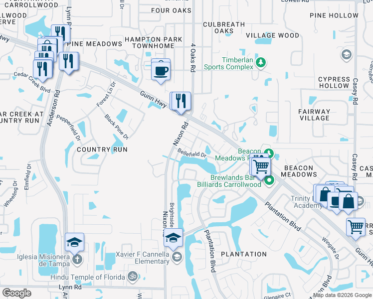 map of restaurants, bars, coffee shops, grocery stores, and more near 5404 Meadstone Court in Tampa