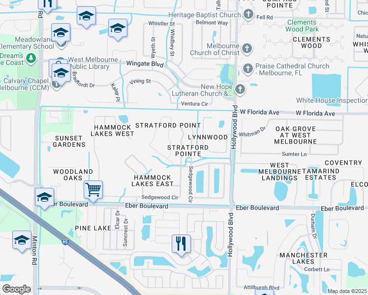 map of restaurants, bars, coffee shops, grocery stores, and more near 554 Sedgewood Circle in Melbourne