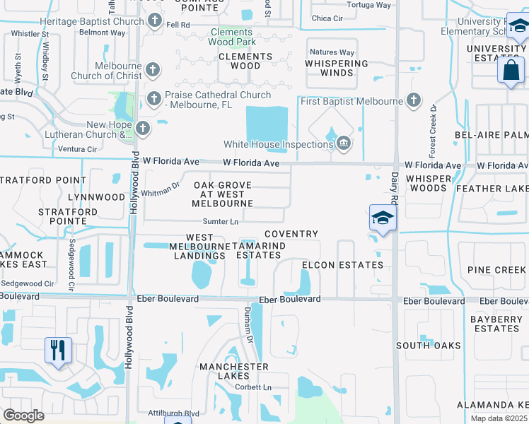 map of restaurants, bars, coffee shops, grocery stores, and more near 1091 Hollister Drive in West Melbourne