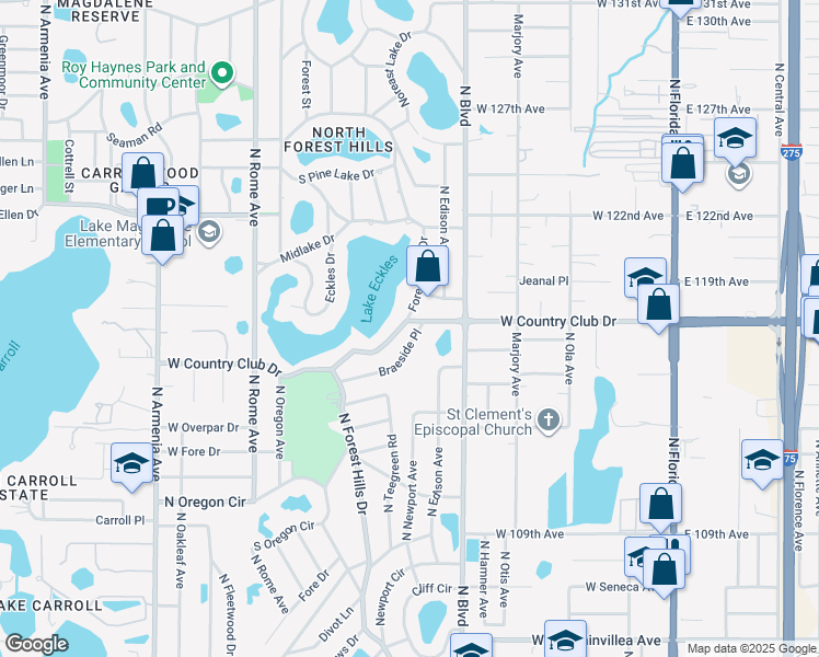 map of restaurants, bars, coffee shops, grocery stores, and more near 11543 North Forest Hills Drive in Tampa