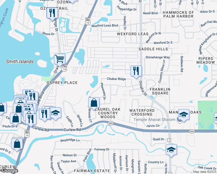 map of restaurants, bars, coffee shops, grocery stores, and more near 2975 Country Woods Lane in Palm Harbor