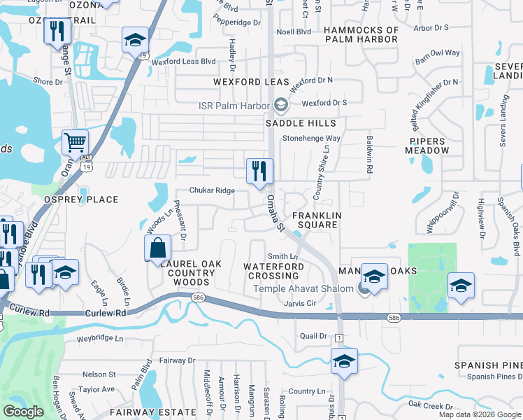 map of restaurants, bars, coffee shops, grocery stores, and more near 1722 Nantucket Court in Palm Harbor