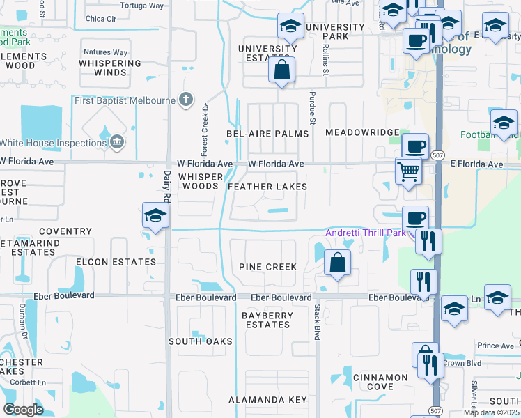 map of restaurants, bars, coffee shops, grocery stores, and more near 3711 Pelican Point Way in Melbourne