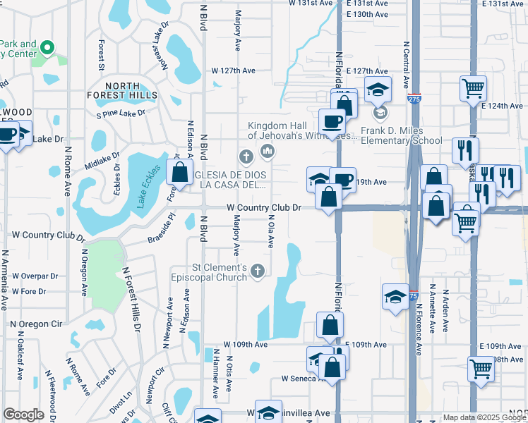 map of restaurants, bars, coffee shops, grocery stores, and more near 704 West Country Club Drive in Tampa