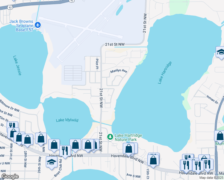 map of restaurants, bars, coffee shops, grocery stores, and more near 2500 21st Street Northwest in Winter Haven