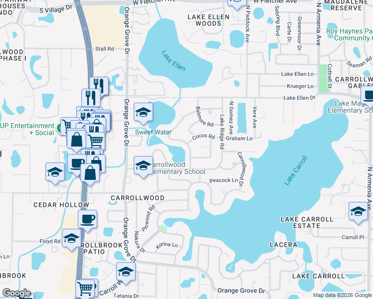 map of restaurants, bars, coffee shops, grocery stores, and more near 11606 Lipsey Road in Tampa