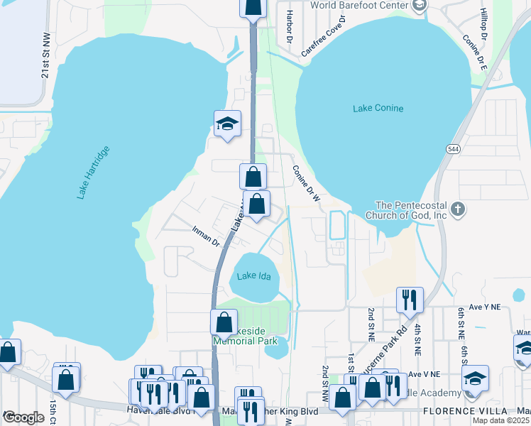map of restaurants, bars, coffee shops, grocery stores, and more near 841 4th Lake Ida Street in Winter Haven
