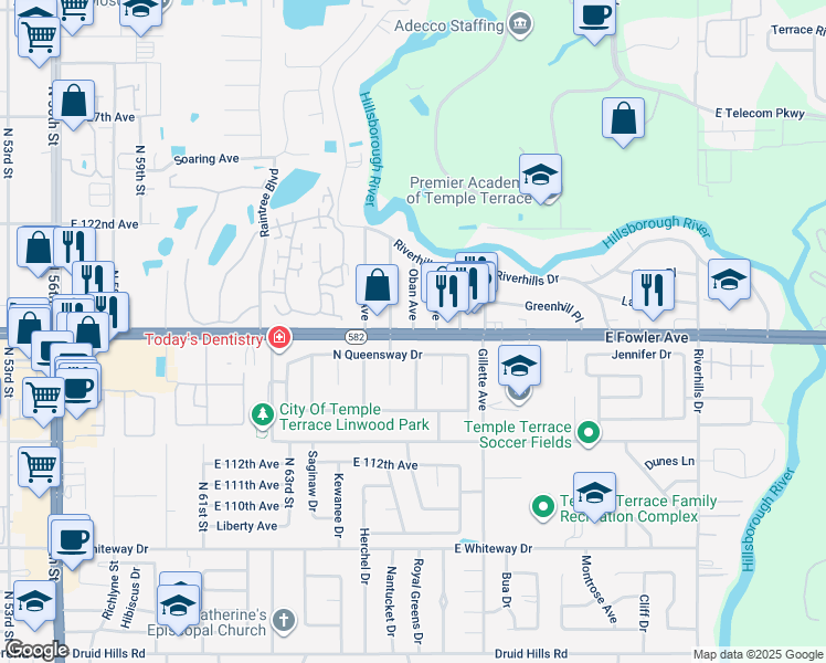 map of restaurants, bars, coffee shops, grocery stores, and more near 6610 Oban Avenue in Temple Terrace