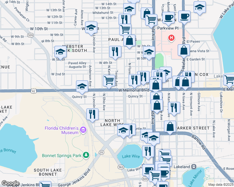 map of restaurants, bars, coffee shops, grocery stores, and more near 604 West Memorial Boulevard in Lakeland