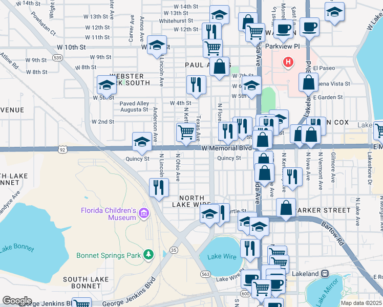 map of restaurants, bars, coffee shops, grocery stores, and more near 604 West Memorial Boulevard in Lakeland