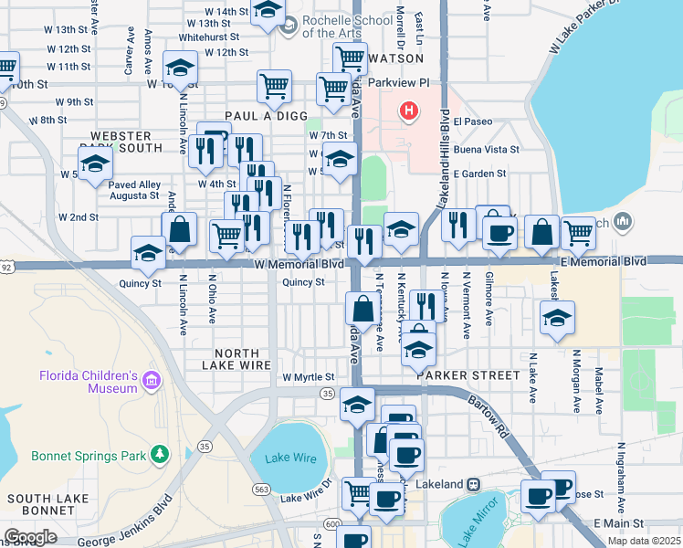 map of restaurants, bars, coffee shops, grocery stores, and more near 938 North Missouri Avenue in Lakeland