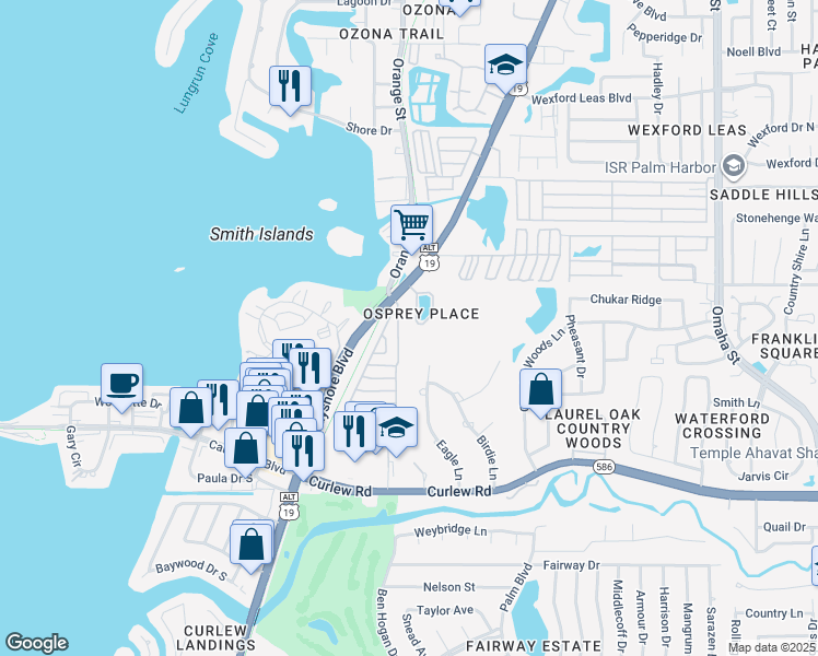 map of restaurants, bars, coffee shops, grocery stores, and more near 2850 Swan Circle in Dunedin