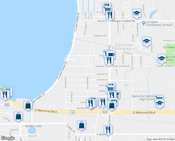 map of restaurants, bars, coffee shops, grocery stores, and more near 923 Adrian Court in Lakeland