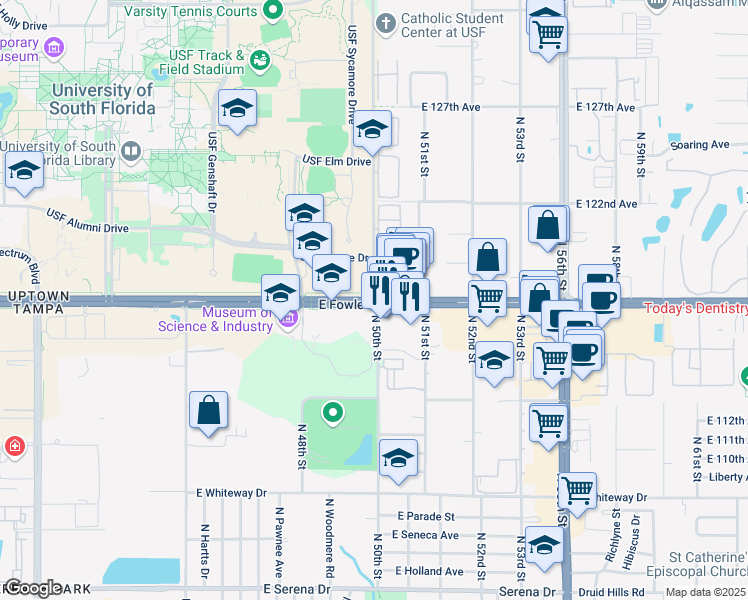 map of restaurants, bars, coffee shops, grocery stores, and more near E Fowler Ave & N 50th St in Tampa