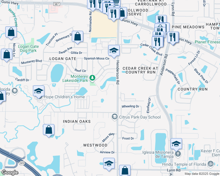 map of restaurants, bars, coffee shops, grocery stores, and more near 6422 Monterey Boulevard in Tampa