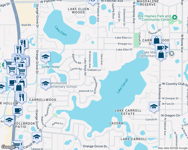 map of restaurants, bars, coffee shops, grocery stores, and more near 11625 Carrollwood Drive in Tampa