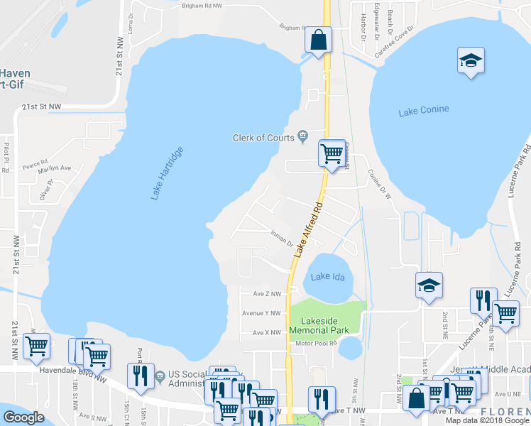 map of restaurants, bars, coffee shops, grocery stores, and more near 1214 Fairlane Court in Winter Haven