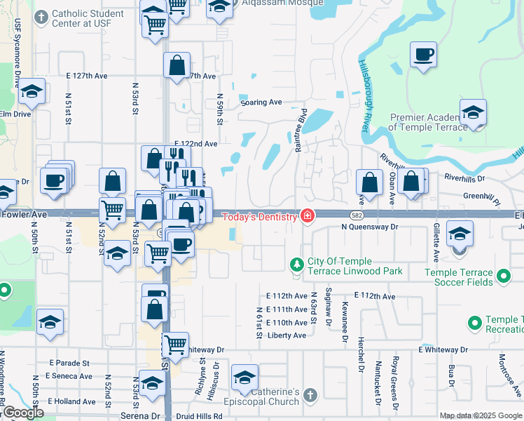 map of restaurants, bars, coffee shops, grocery stores, and more near 5976 Florida 582 in Temple Terrace